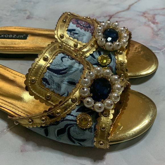 XOBZJH Evening Slides Rhinestone Sandal gold party shoes embroidery shoes 9.5 - Picture 5 of 13